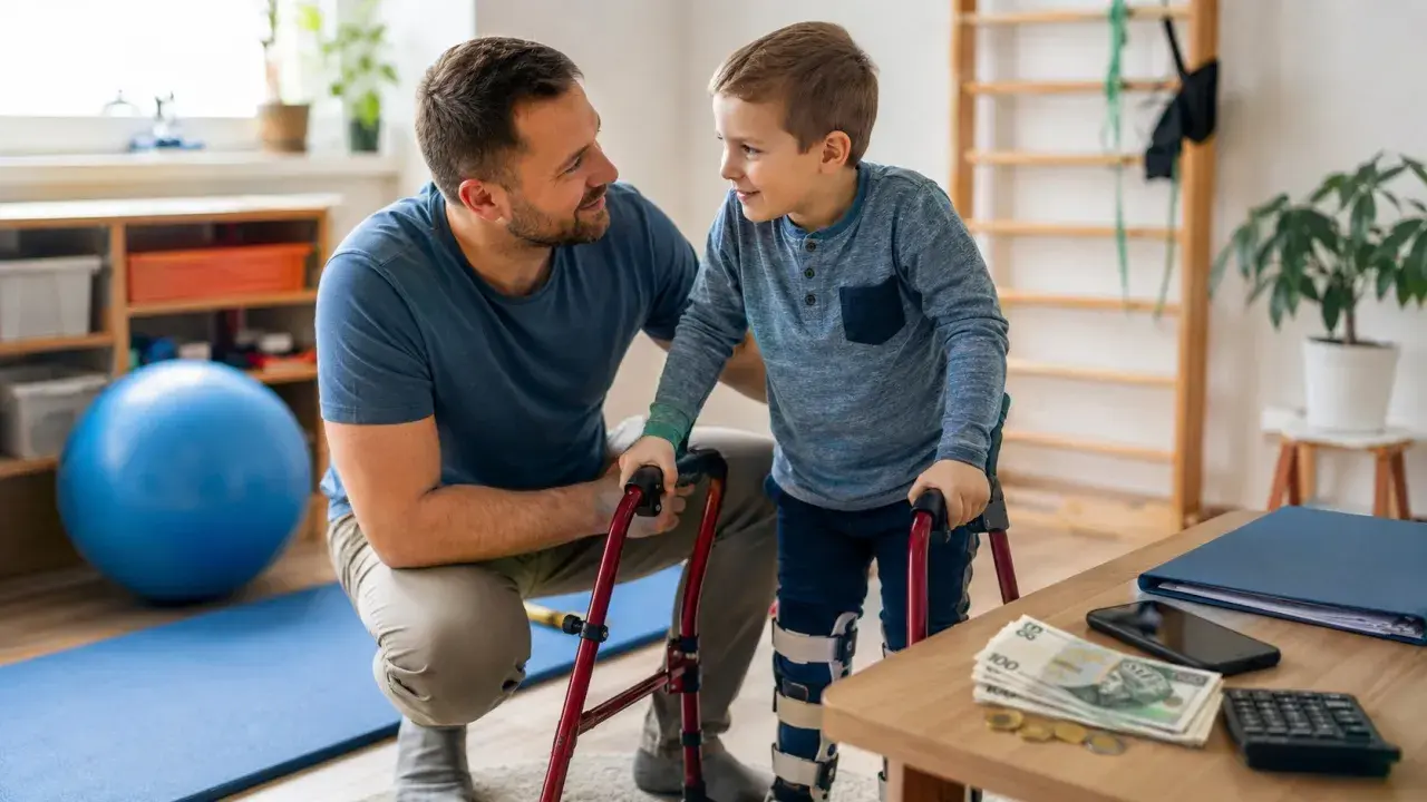 Aktywny rodzic wspiera syna w rehabilitacji. Chłopiec z ortezami na nogach uczy się chodzić z pomocą taty i chodzika.