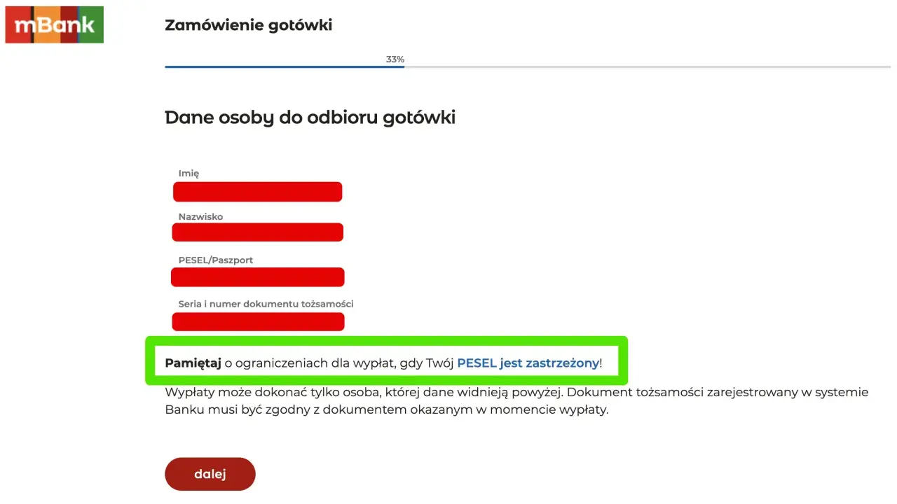 Formularz zamówienia gotówki w mBanku. Wpisz dane odbiorcy, pamiętaj o ograniczeniach dla wypłat, gdy Twój PESEL jest zastrzeżony!