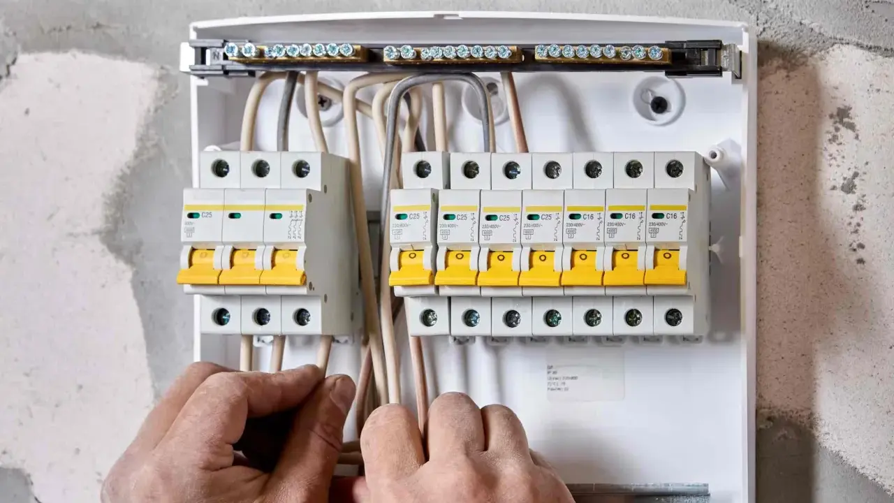 Ręce elektryka podłączają przewody do skrzynki z bezpiecznikami. To właśnie wlz co to za instalacja?