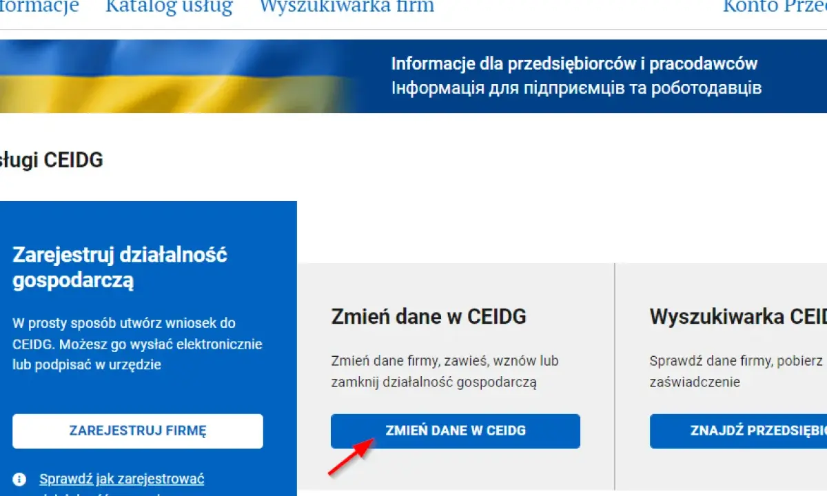 Przycisk "Zmień dane w CEIDG" na stronie biznes.gov.pl, umożliwiający aktualizację informacji o firmie.