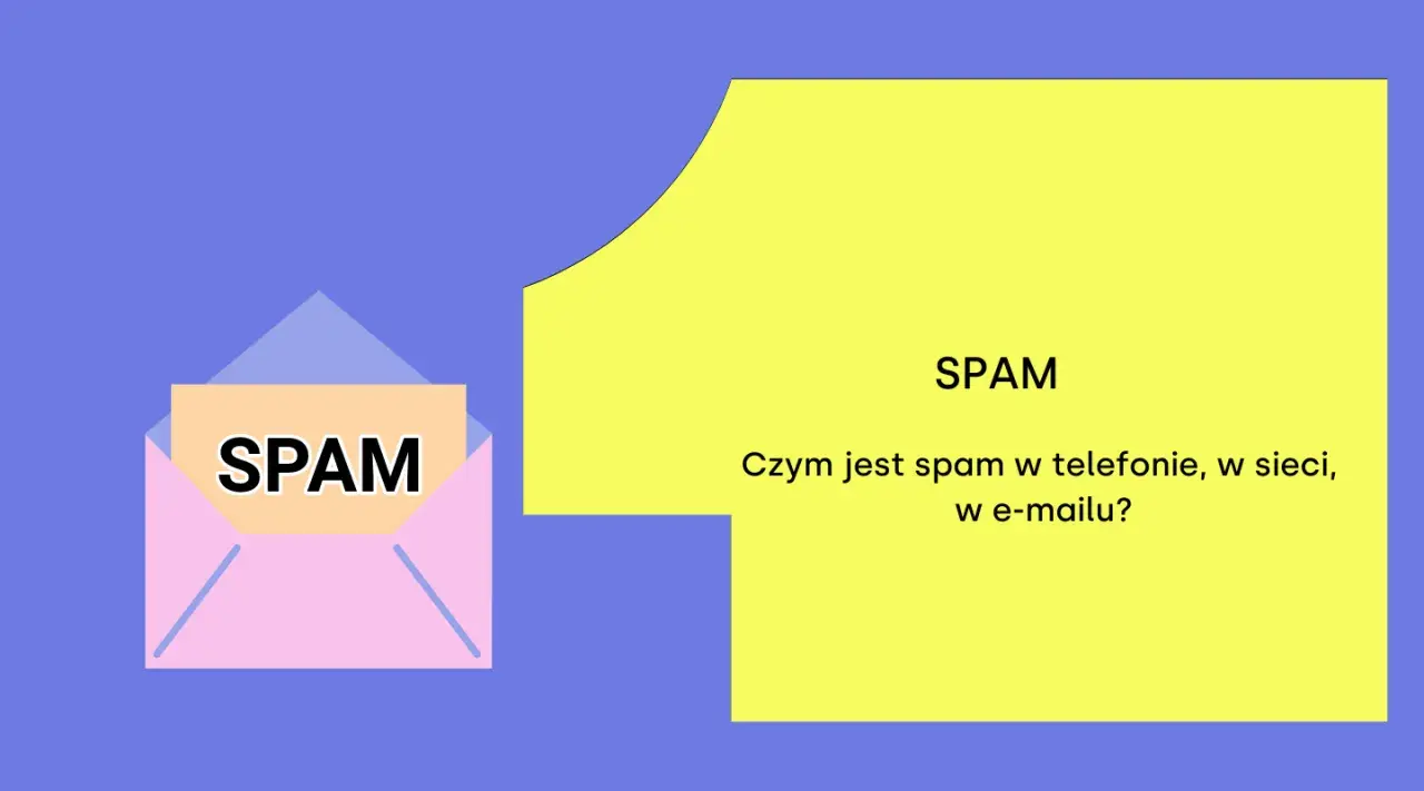 Grafika przedstawia kopertę z napisem SPAM i żółty prostokąt z tekstem "SPAM. Czym jest spam w telefonie, w sieci, w e-mailu?".