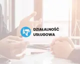 Dwie osoby przy stole, symbol malowania i napis "DZIAŁALNOŚĆ USŁUGOWA".