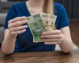 Kobieta trzyma polskie banknoty 100 i 200 zł. Zastanawia się, urlop macierzyński ile płatny.