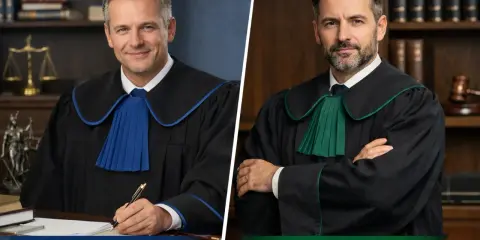 Dwóch prawników w togach: radca prawny pisze, adwokat stoi ze skrzyżowanymi rękami.