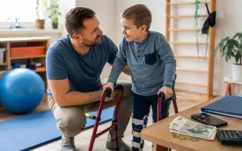 Aktywny rodzic wspiera syna w rehabilitacji. Chłopiec z ortezami na nogach uczy się chodzić z pomocą taty i chodzika.