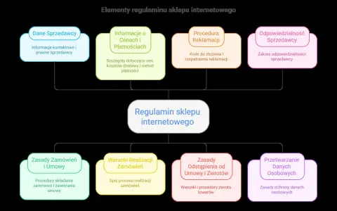 Schemat elementów regulaminu sklepu internetowego: dane sprzedawcy, ceny, płatności, reklamacje, odpowiedzialność, zamówienia, zwroty i dane osobowe.
