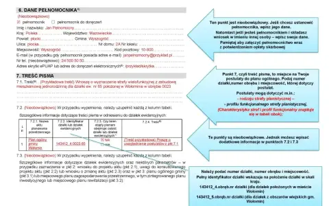 Formularz z danymi pełnomocnika i treścią pisma. Wpisano dane pełnomocnika, adres, e-mail. W punkcie 7.1 opisano postulat dotyczący strefy wielofunkcyjnej dla działki w Wołominie.