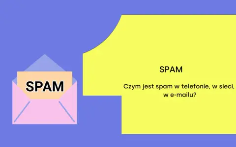 Grafika przedstawia kopertę z napisem SPAM i żółty prostokąt z tekstem "SPAM. Czym jest spam w telefonie, w sieci, w e-mailu?".