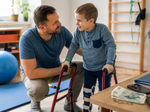Aktywny rodzic wspiera syna w rehabilitacji. Chłopiec z ortezami na nogach uczy się chodzić z pomocą taty i chodzika.