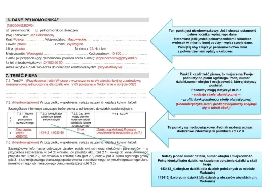 Formularz z danymi pełnomocnika i treścią pisma. Wpisano dane pełnomocnika, adres, e-mail. W punkcie 7.1 opisano postulat dotyczący strefy wielofunkcyjnej dla działki w Wołominie.