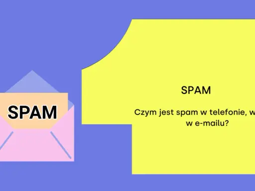 Grafika przedstawia kopertę z napisem SPAM i żółty prostokąt z tekstem "SPAM. Czym jest spam w telefonie, w sieci, w e-mailu?".