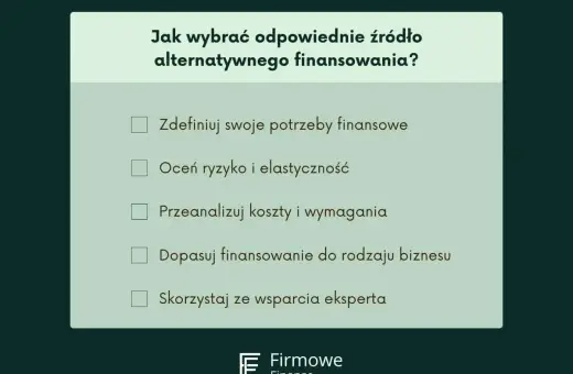 Jak wybrać finansowanie dla firmy? Lista kroków: zdefiniuj potrzeby, oceń ryzyko, przeanalizuj koszty, dopasuj do biznesu, skorzystaj ze wsparcia.