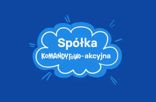 Chmurka z napisem "Spółka KOMANDYTOWO-AKCYJNA" na niebieskim tle.