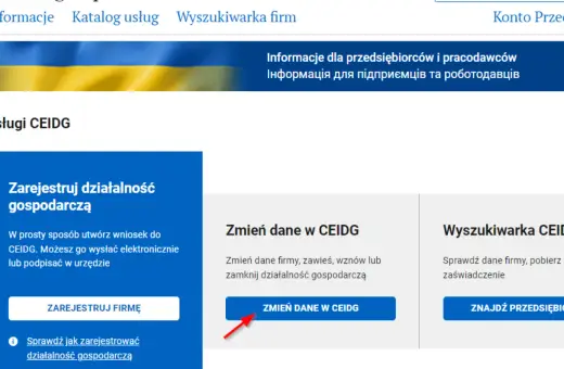 Przycisk "Zmień dane w CEIDG" na stronie biznes.gov.pl, umożliwiający aktualizację informacji o firmie.
