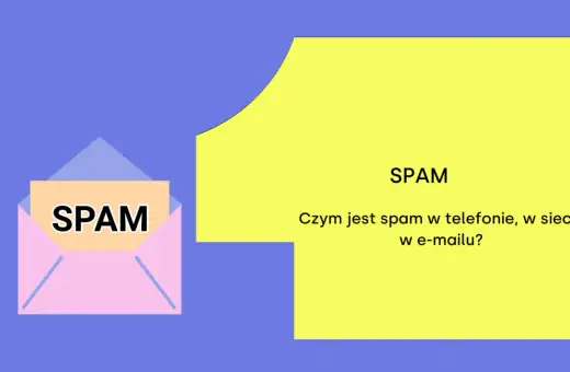 Grafika przedstawia kopertę z napisem SPAM i żółty prostokąt z tekstem "SPAM. Czym jest spam w telefonie, w sieci, w e-mailu?".