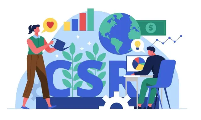 Kobieta podlewa rośliny, symbolizując troskę o przyszłość. Obok mężczyzna analizuje dane na komputerze. To ilustracja pokazująca, czym jest CSR – odpowiedzialność społeczna biznesu.