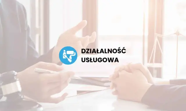 Dwie osoby przy stole, symbol malowania i napis "DZIAŁALNOŚĆ USŁUGOWA".