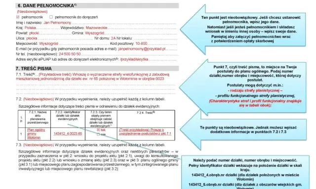 Formularz z danymi pełnomocnika i treścią pisma. Wpisano dane pełnomocnika, adres, e-mail. W punkcie 7.1 opisano postulat dotyczący strefy wielofunkcyjnej dla działki w Wołominie.