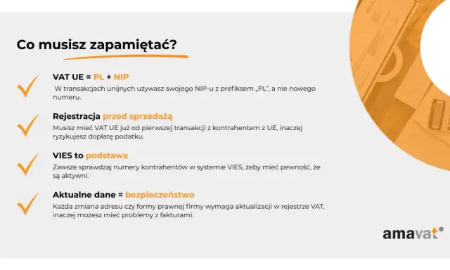 Pamiętaj o VAT UE: PL + NIP. Rejestracja przed sprzedażą, weryfikacja w VIES i aktualne dane to klucz do bezpieczeństwa transakcji.