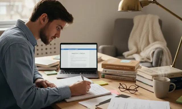 Mężczyzna pisze pracę magisterską na laptopie, notując w zeszycie. Tak wygląda rozprawa zdalna.