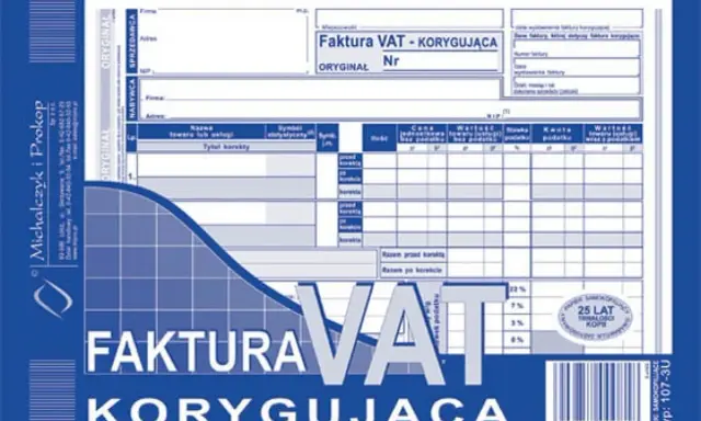 Formularz faktury korygującej VAT z polami do wypełnienia danych sprzedawcy, nabywcy i szczegółów korekty.
