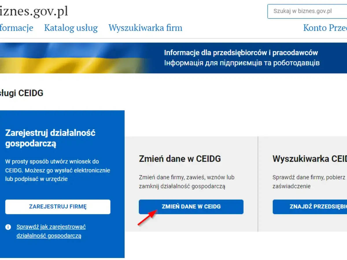 Przycisk "Zmień dane w CEIDG" na stronie biznes.gov.pl, umożliwiający aktualizację informacji o firmie.