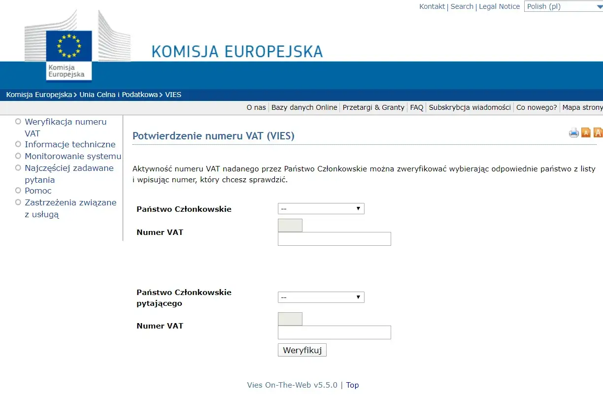 Formularz do weryfikacji numeru VAT w systemie VIES. Można sprawdzić aktywność nip ue, wpisując dane.