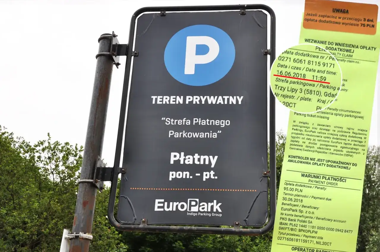 Wezwanie do zapłaty za parking, kartka za wycieraczką, parking miejski vs prywatny