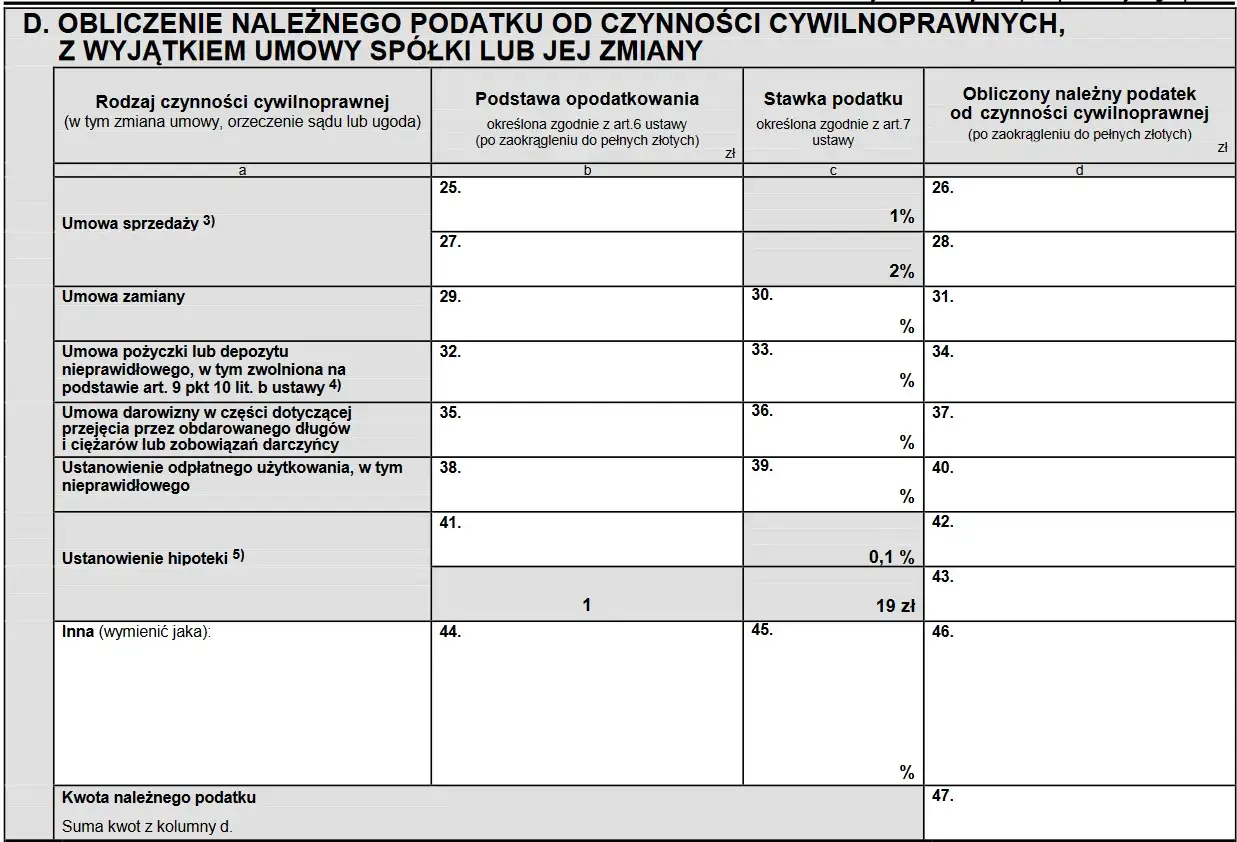 Formularz podatkowy z sekcją 